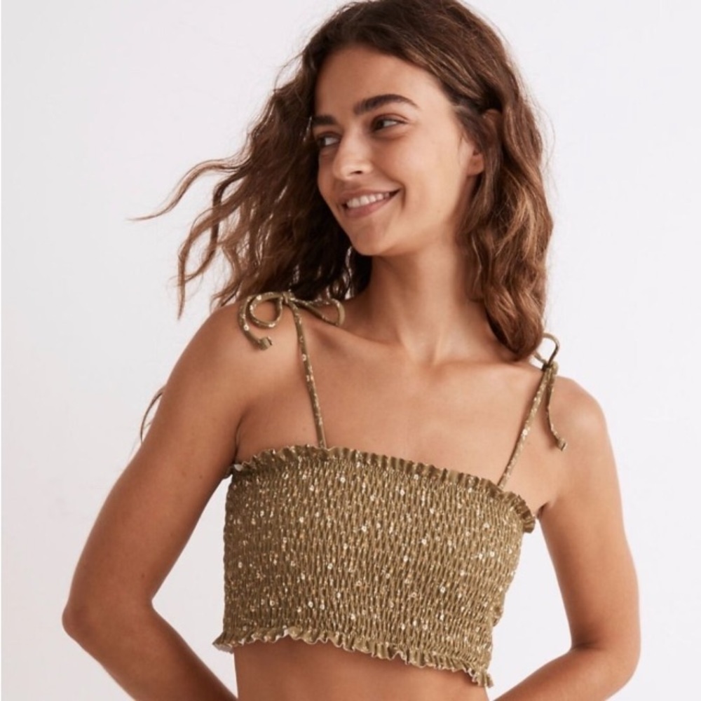 Madewell Second Wave Smocked Longline Bikini Top in Green Campden Daisies